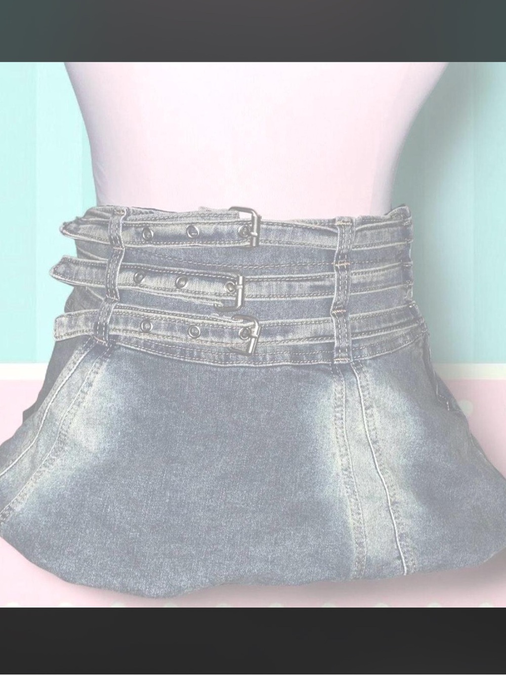 almost famous denim bubble mini skirt with belts and zipper on front